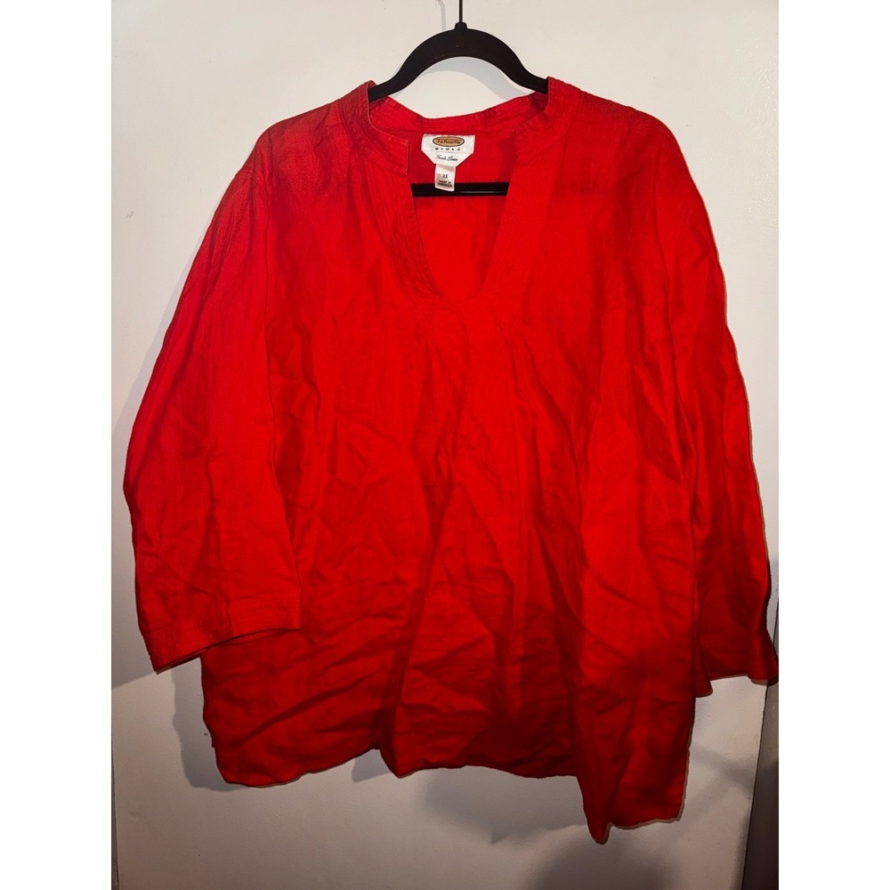 Talbots Woman Orange Red Irish Linen Tunic Top 2X Split V-Neck 3/4 Sleeve